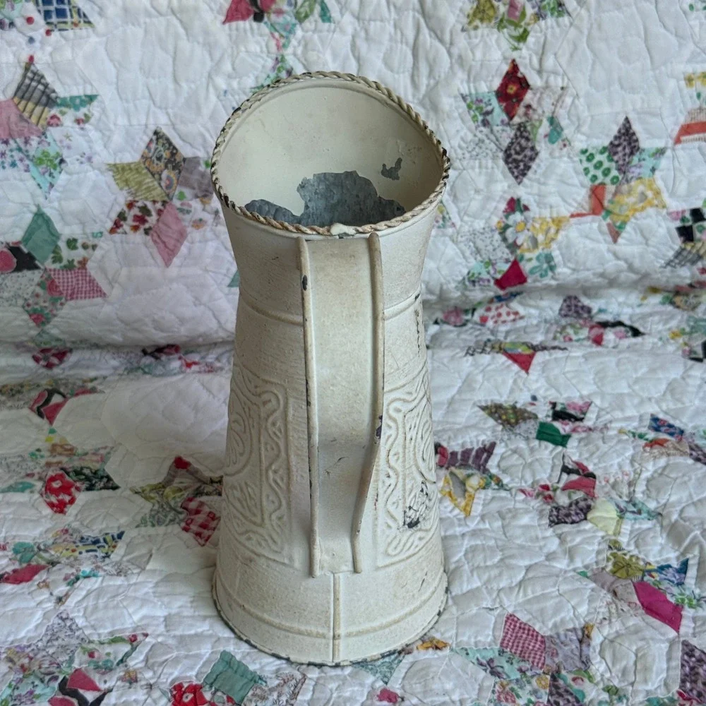 Vintage Style Cream Metal Heart Embossed Pitcher Farmhouse Decorative Vase 9in